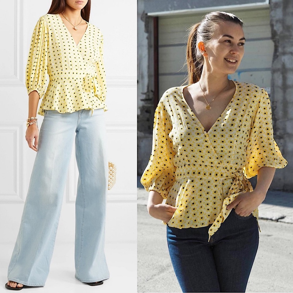 GANNI Daisy Print Crepe Puff Sleeve V-Neck Tie Waist Ruffle Peplum Wrap Top S